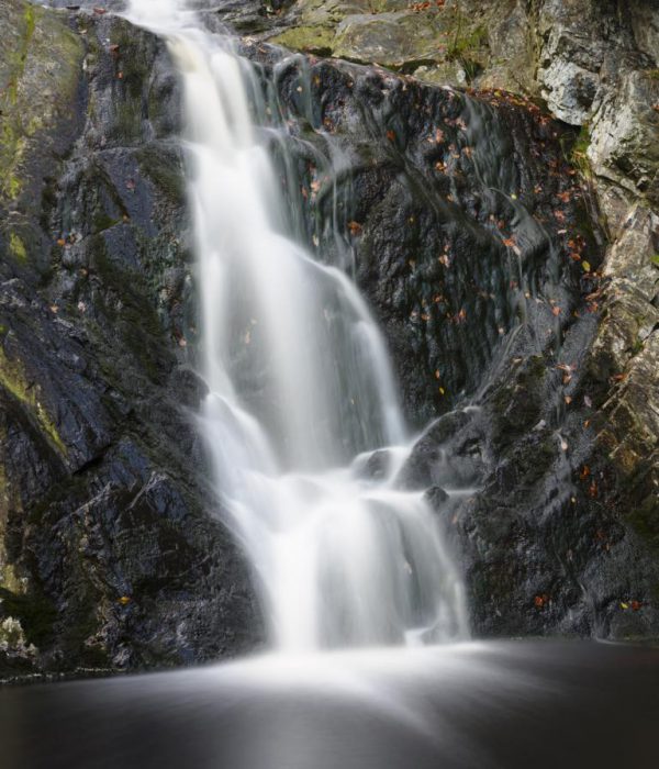 A waterfall in a mountain creek in the High Fens, Ardennes, Belgium, long exposure shot